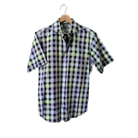 Thomas Dean Men's Short Sleeve Button-Down Shirt Medium Blue Green Collared - Picture 2 of 8